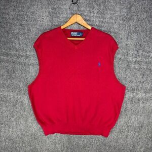 Polo Ralph Lauren Red Pima Cotton V-Neck Sweater Vest Mens XXL Blue Pony Logo